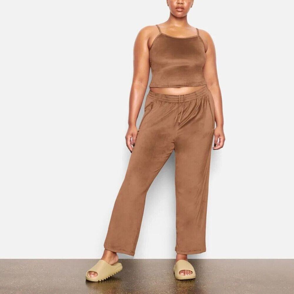 SKIMS Limited Edition Velour Track Pants Wide Leg Elastic Waist Sienna Sz Large